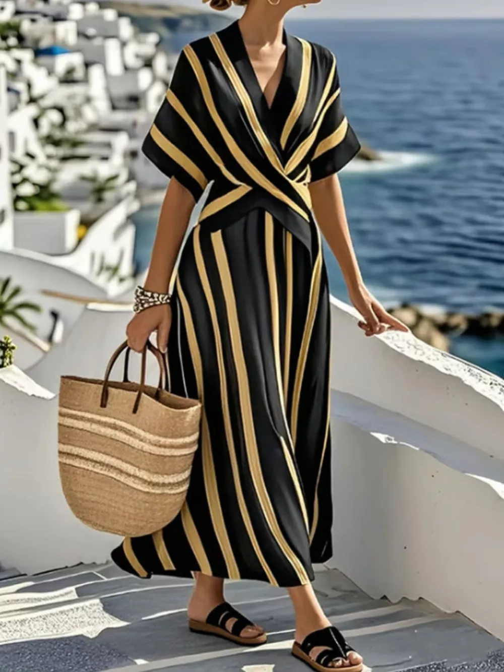 Full Size Striped Surplice Half Sleeve Midi Dress Plus Size, image 7