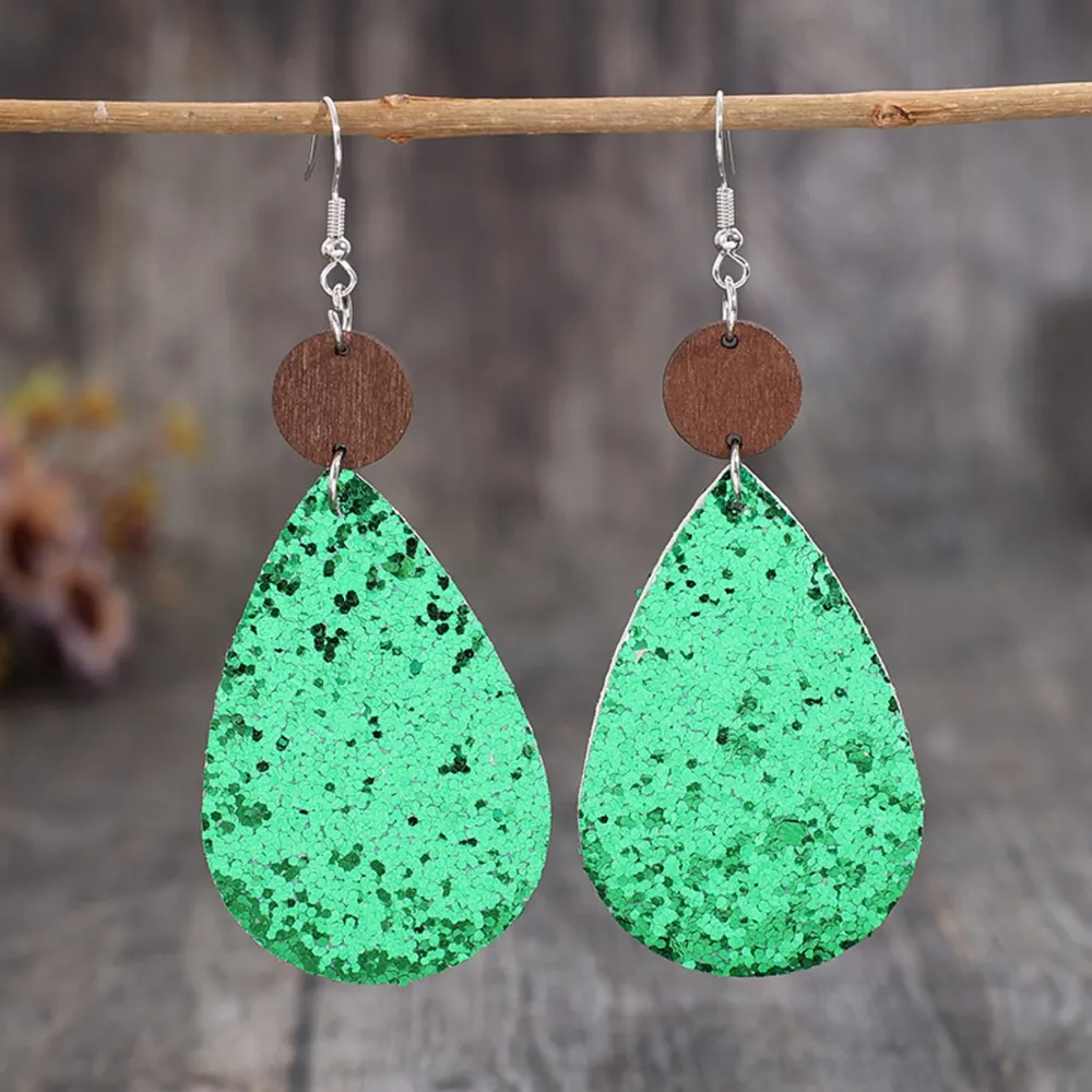 Sequin PU Leather Wooden Dangle Earrings, image 3