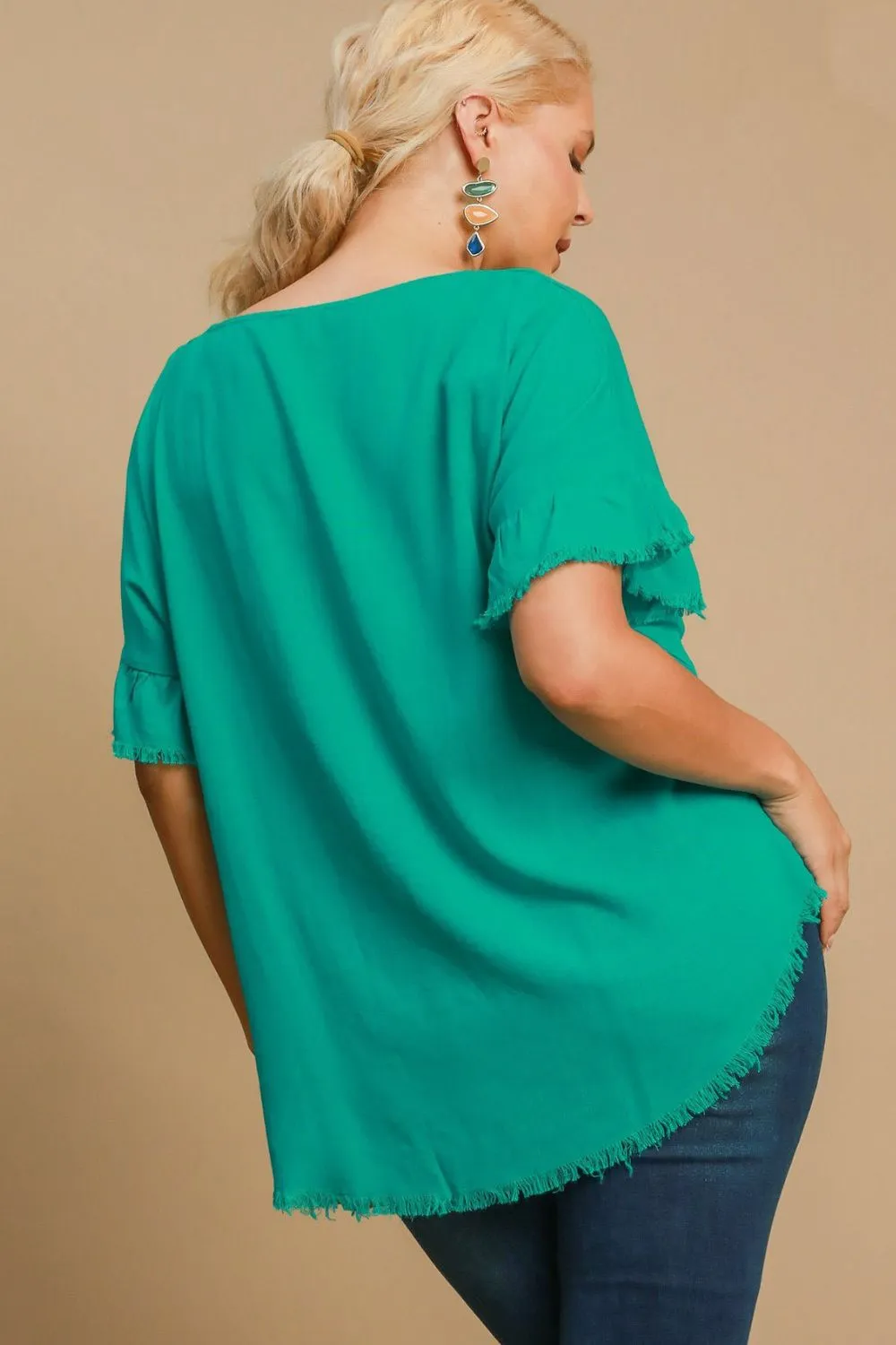 Full Size Raw Hem Ruffle Short Sleeve Blouse Plus Size, image 5