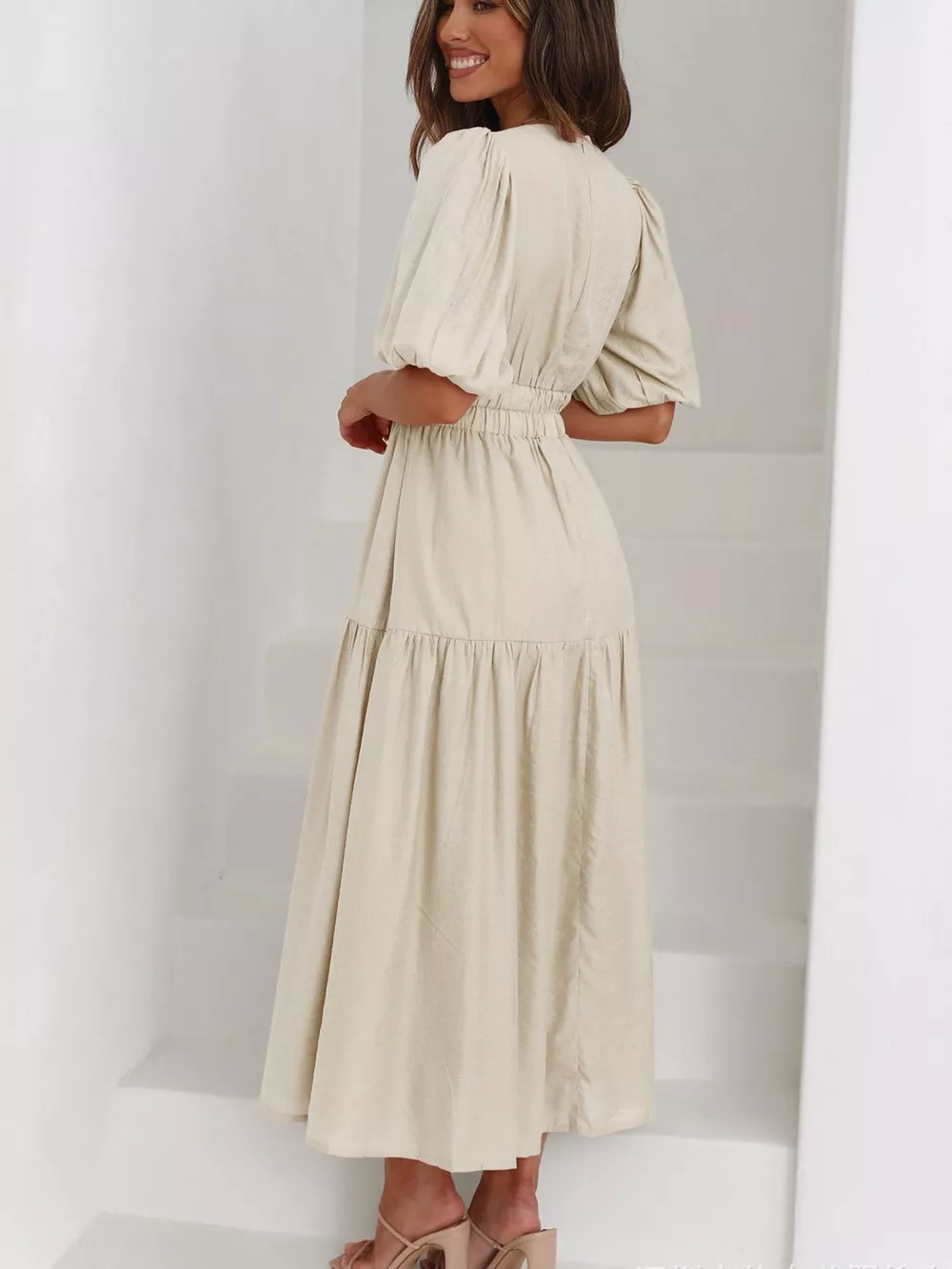 V-Neck Puff Sleeve Midi Dress, image 18