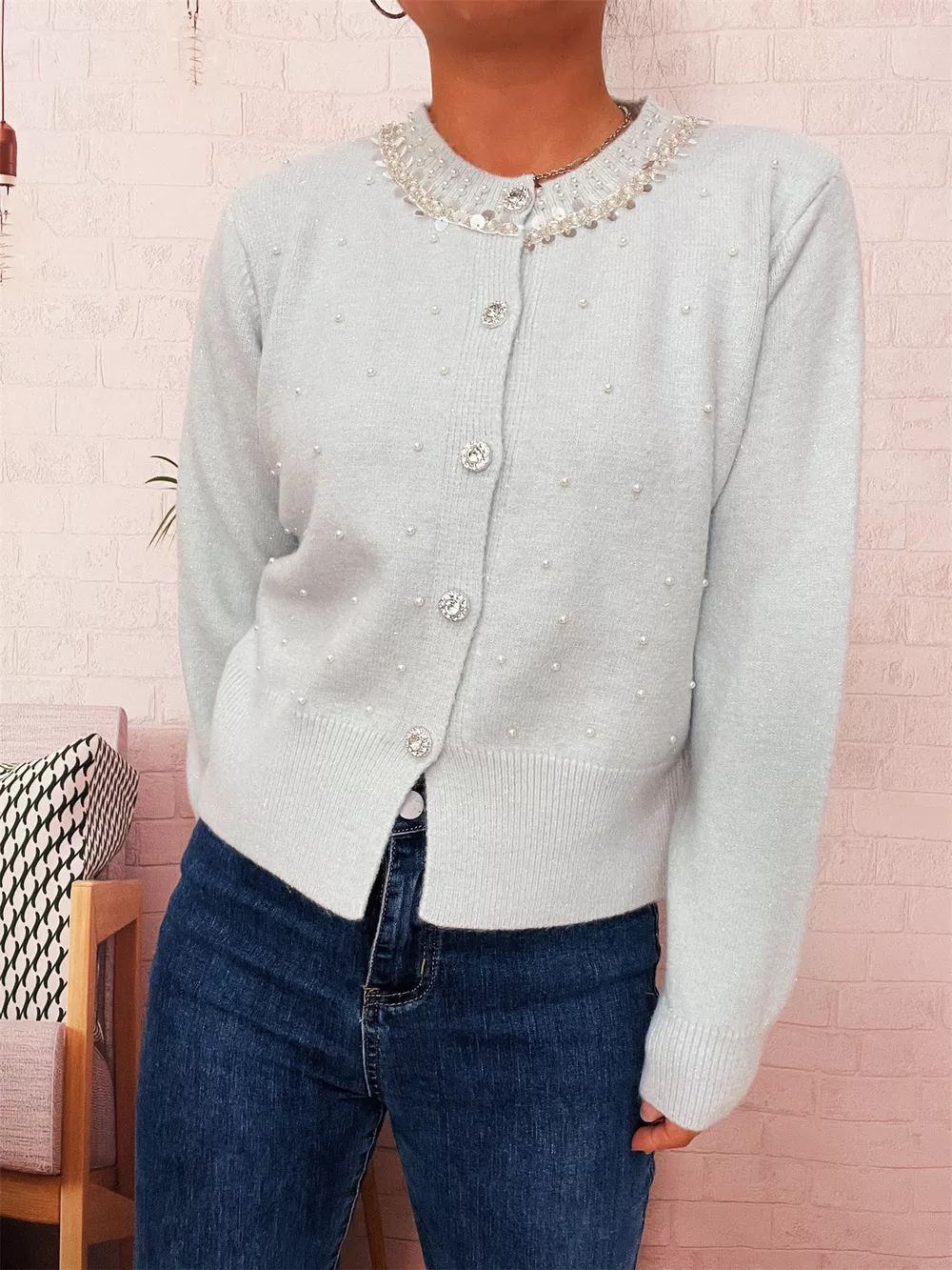 Pearl Detail Button-Front Cardigan, image 22