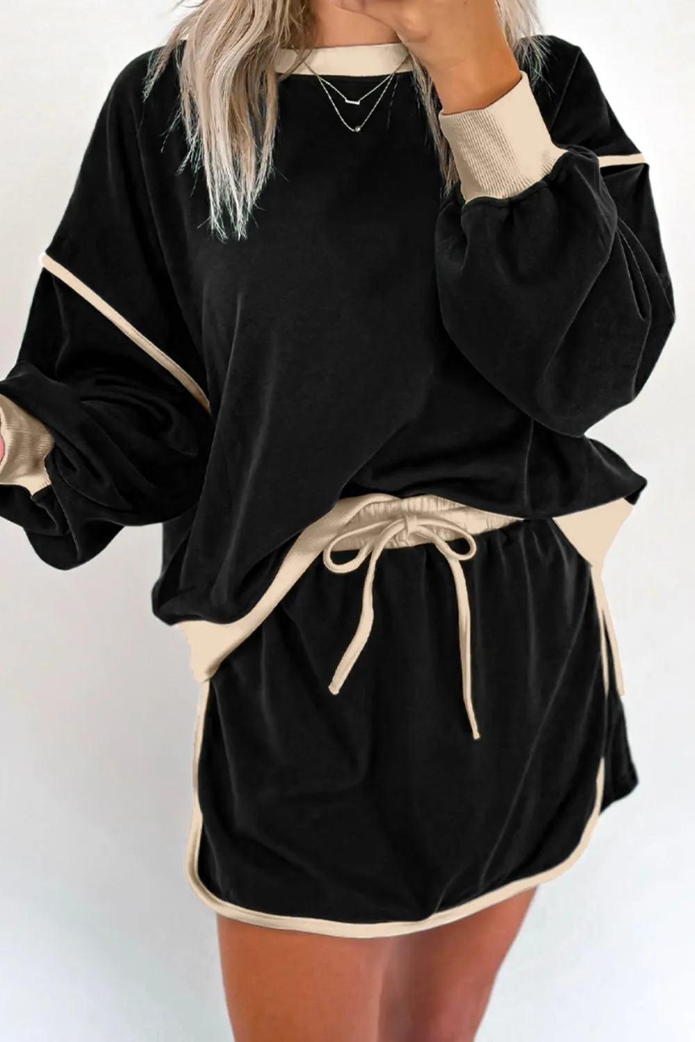 Contrast Trim Round Neck Top and Skort Set, image 25