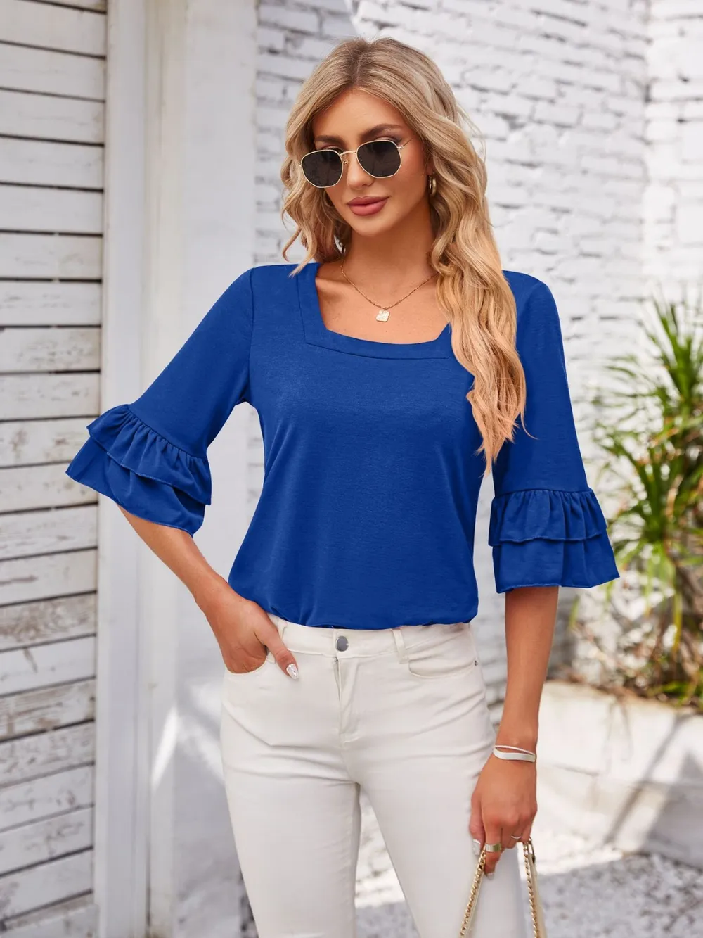 Ruffled Suqare Neck Half Sleeve Blouse, image 17