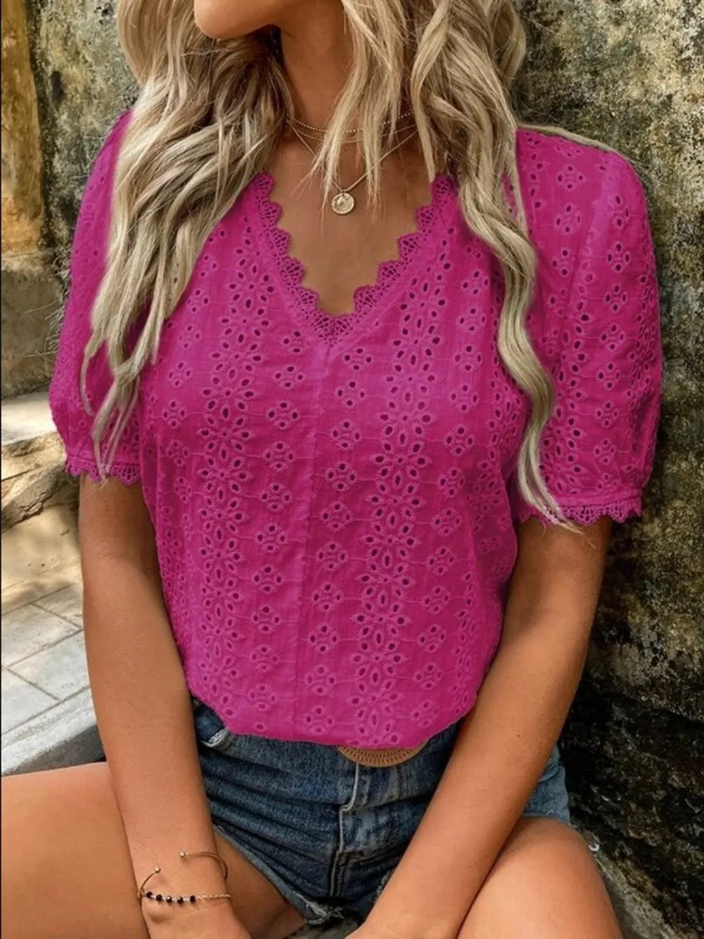 Full Size Eyelet V-Neck Short Sleeve Blouse Plus Size, image 11