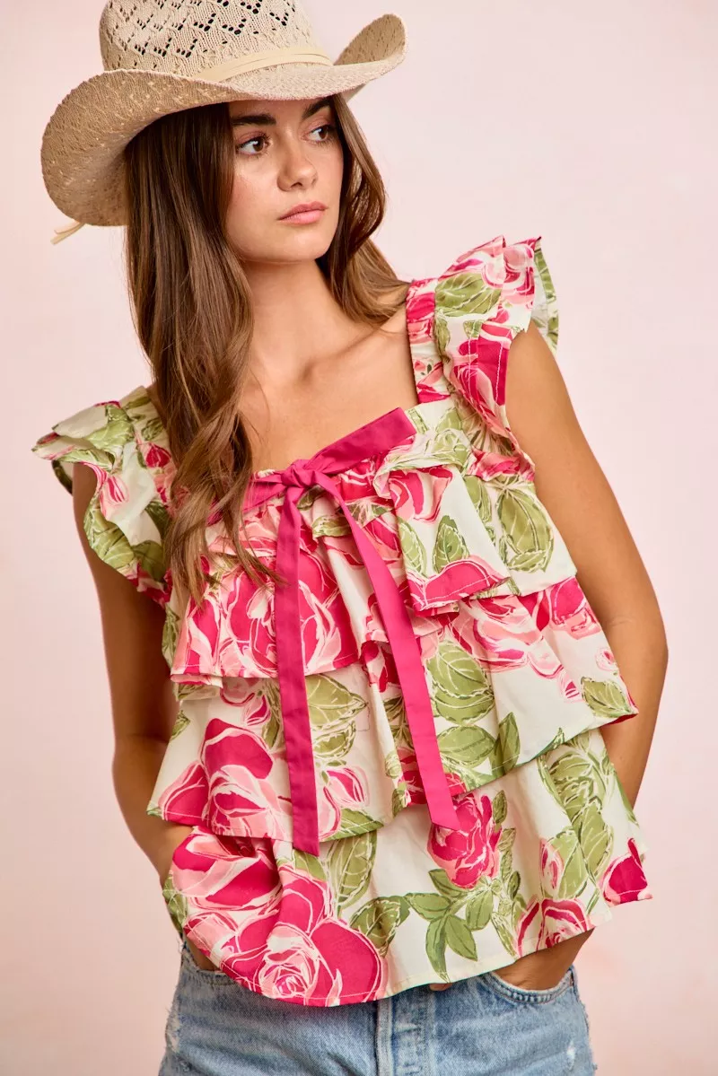Floral Print Woven Bow Tie Ruffle Square Neck Top, image 3