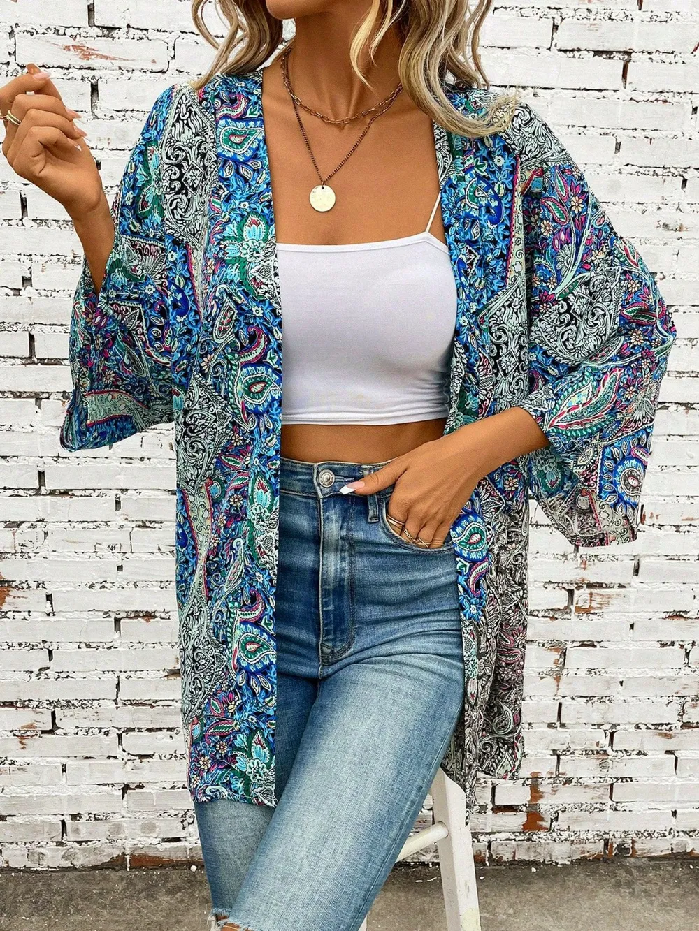 Printed Open Front Three-Quarter Sleeve Cover Up, image 4