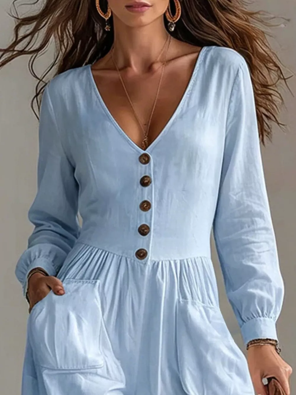 V-Neck Long Sleeve Button Front Wide-Leg Jumpsuit, image 12