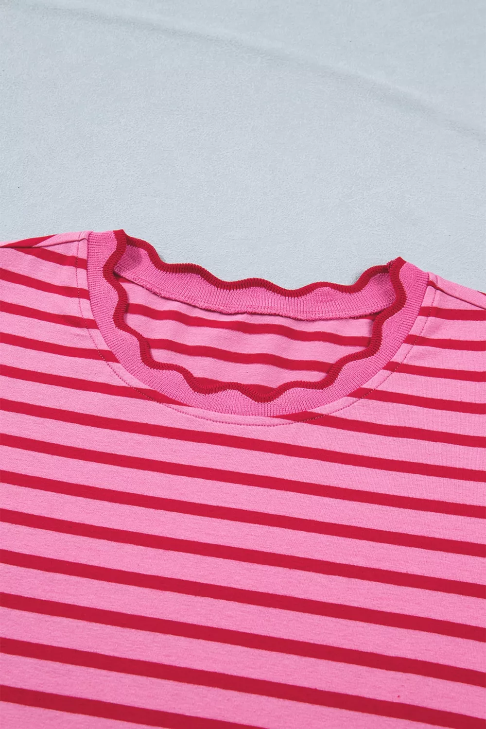 Stripe Striped Short Sleeve Scalloped Trim Side Slit Maxi Tee Dress, image 8