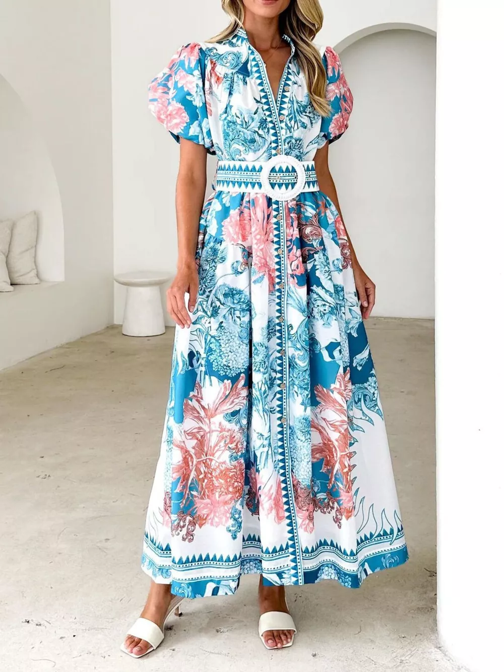 Printed Puff Sleeve Midi Dress, image 5