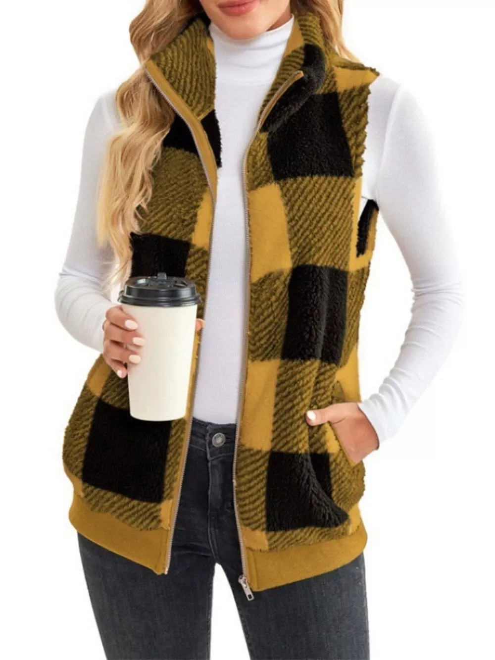 Full Size Color Block Zip Up Vest Coat Plus Size, image 2