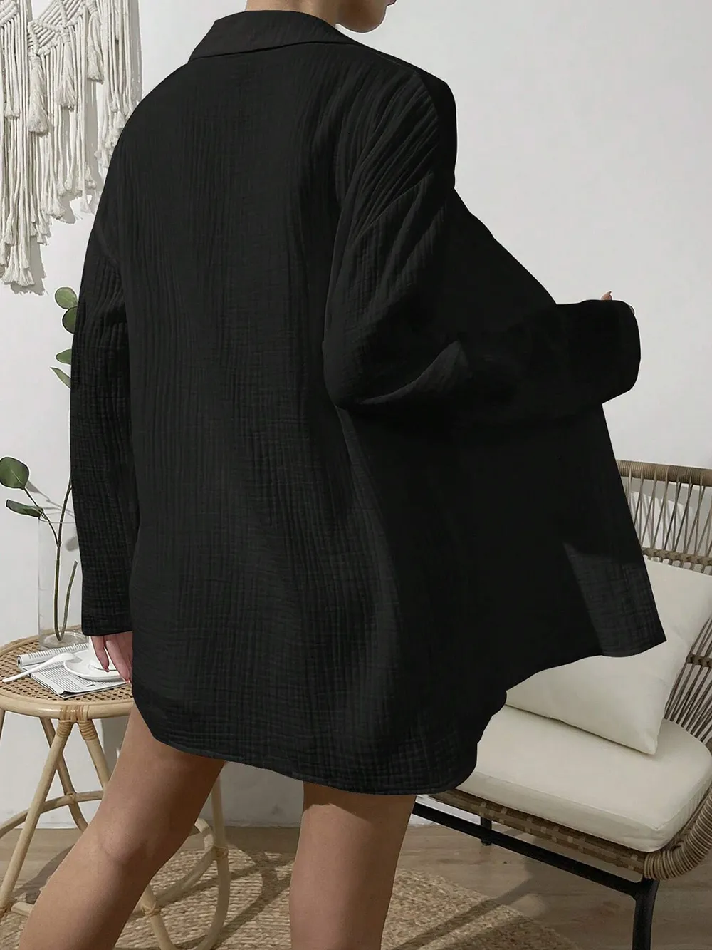 Dropped Shoulder Button Up Top and Elastic Waist Shorts Set, image 2
