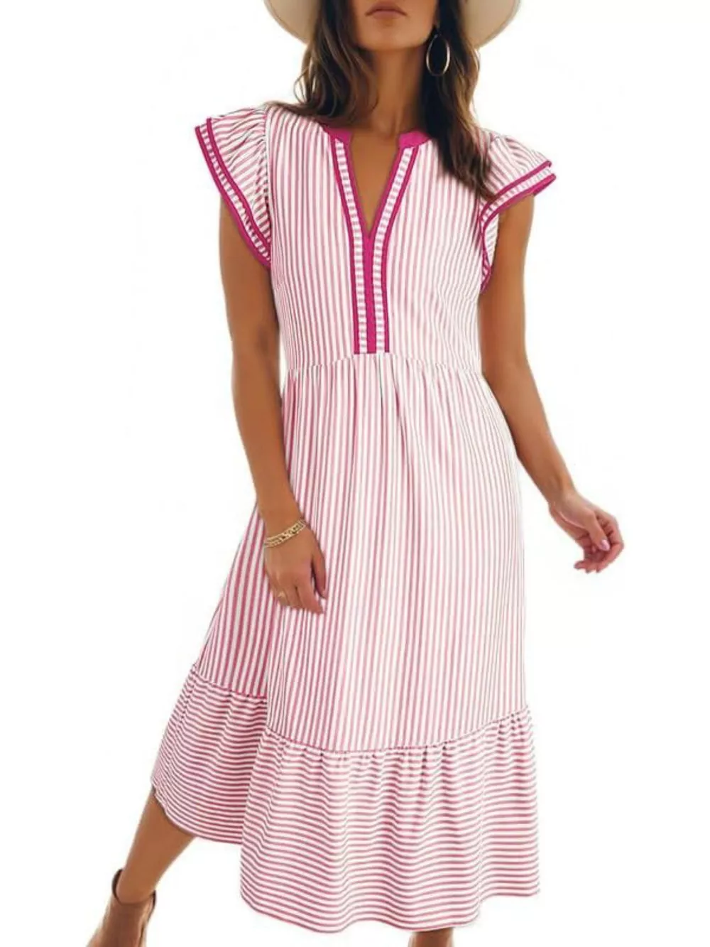 Striped Ruffle Sleeve Midi Dress, image 10
