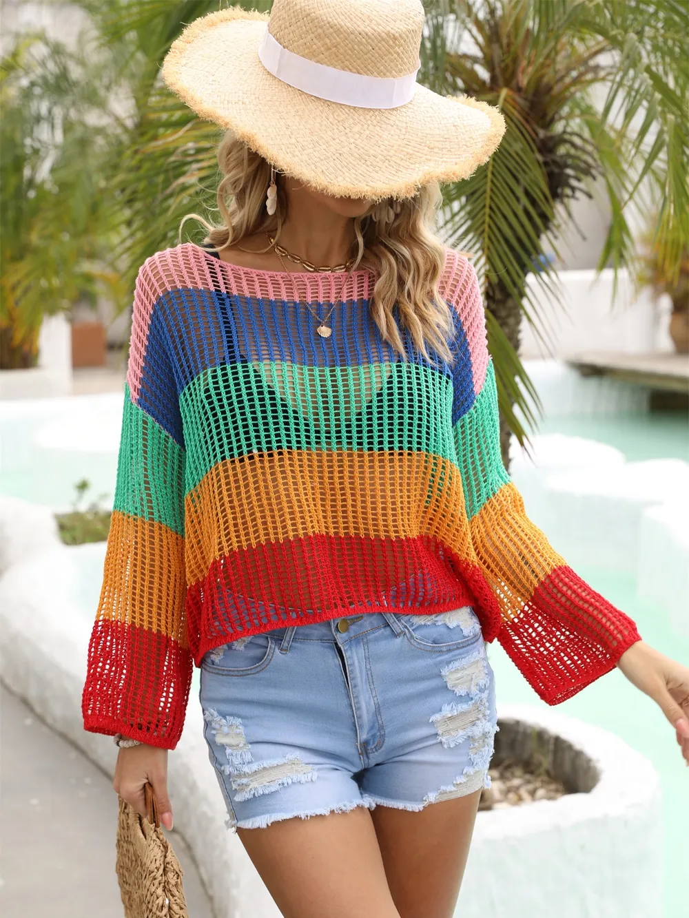 Color Block Openwork Boat Neck Cover Up, image 11