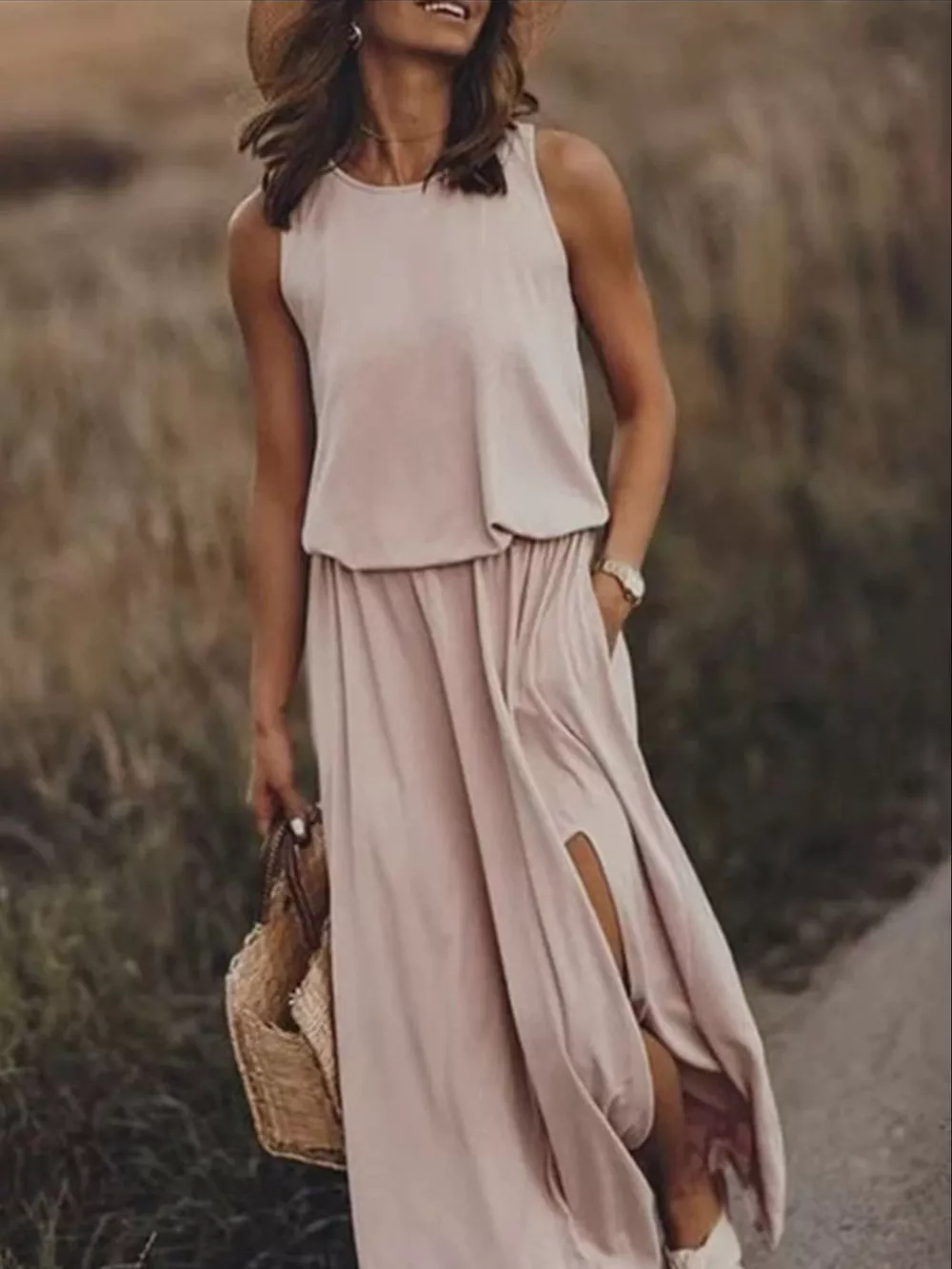 Full Size Round Neck Sleeveless Slit Maxi Dress Plus Size, image 23