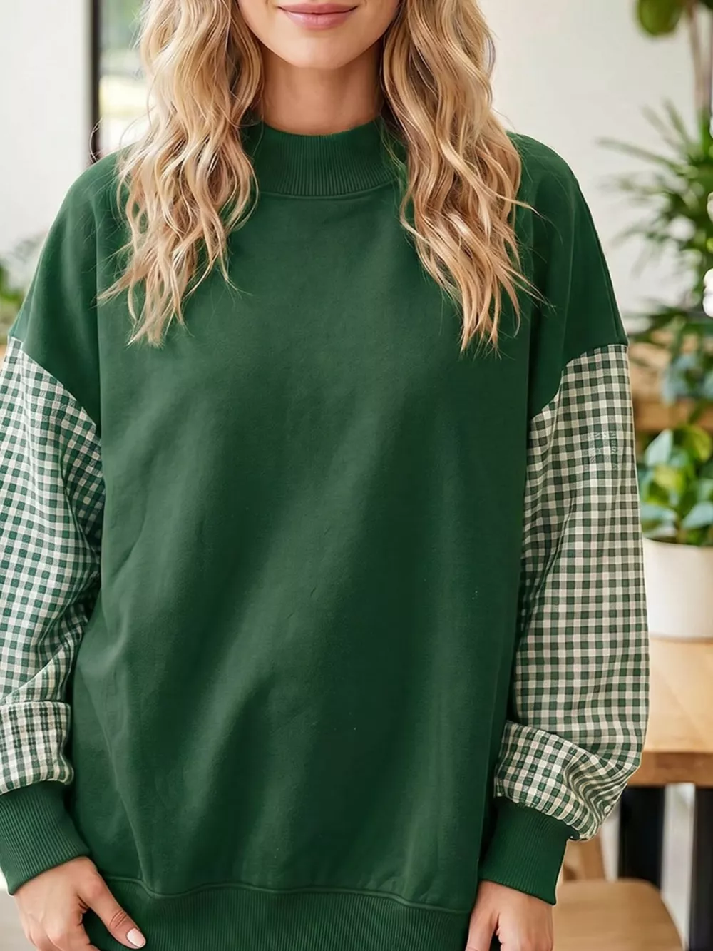 Gingham Sleeve Mock Neck Sweatshirt, image 3