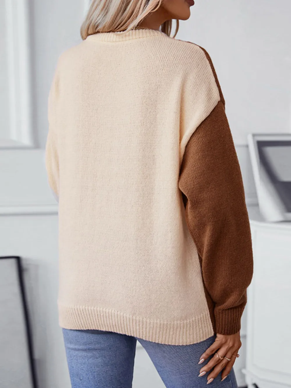 Two Tone Cable Knit Round Neck Long Sleeve Sweater, image 3
