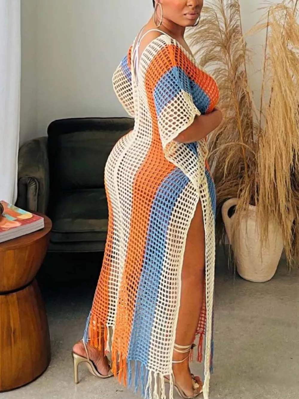 Striped Crochet Cover-Up Dress with Fringe, image 2