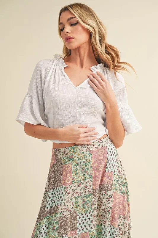 Side Slit Notched Ruffled Half Sleeve Blouse, image 4