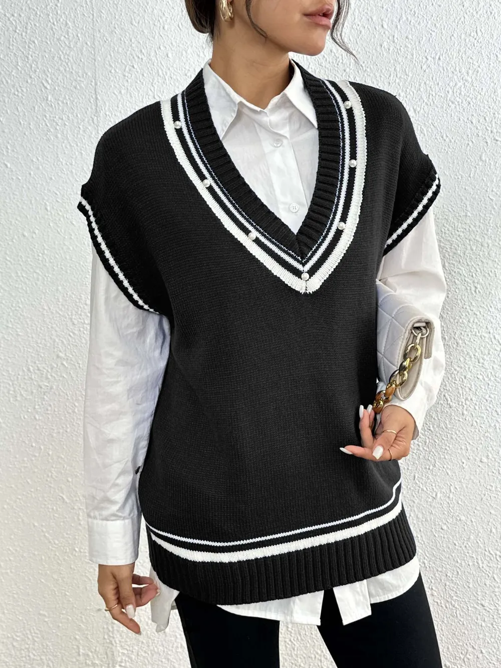 Pearl Trim Contrast V-Neck Sweater Vest, image 8