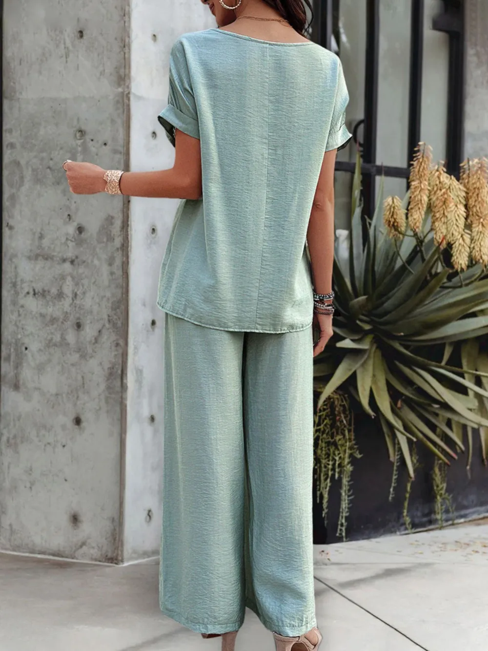 Round Neck Short Sleeve Top and Pants Set, image 5