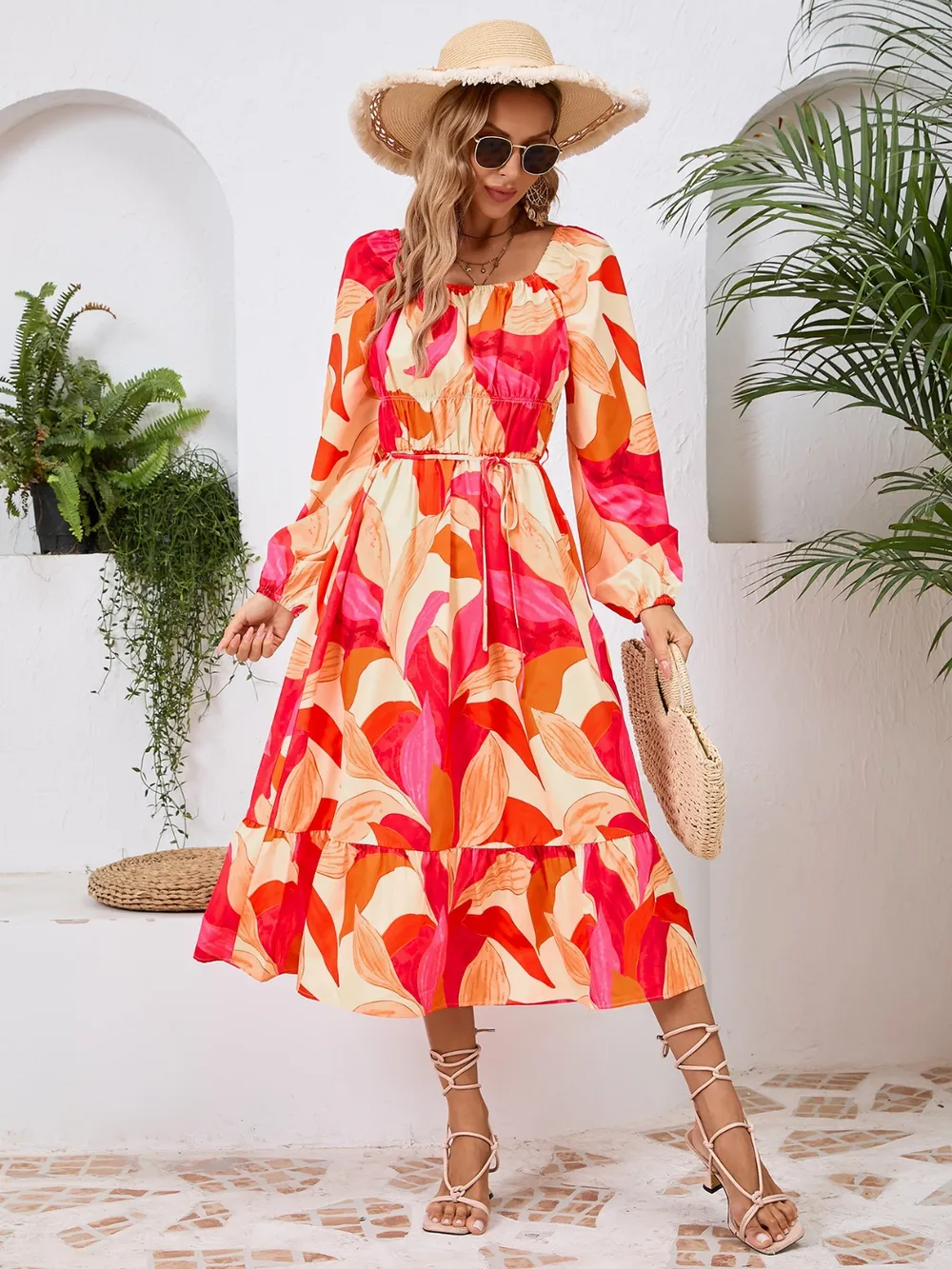 Printed Long Sleeve Midi Dress, image 7