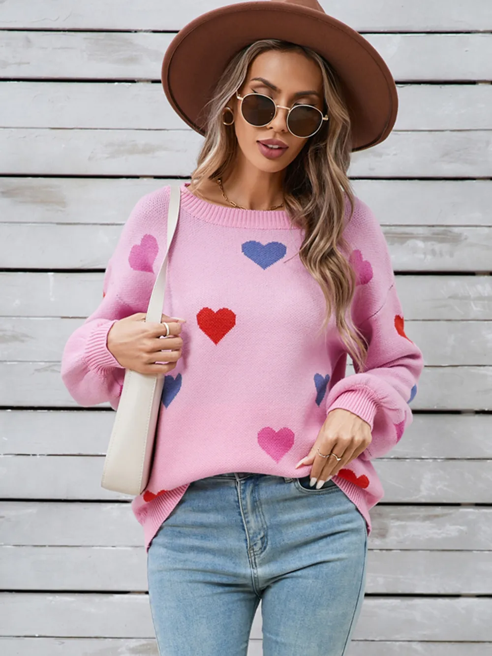 Heart Round Neck Long Sleeve Sweater, image 4