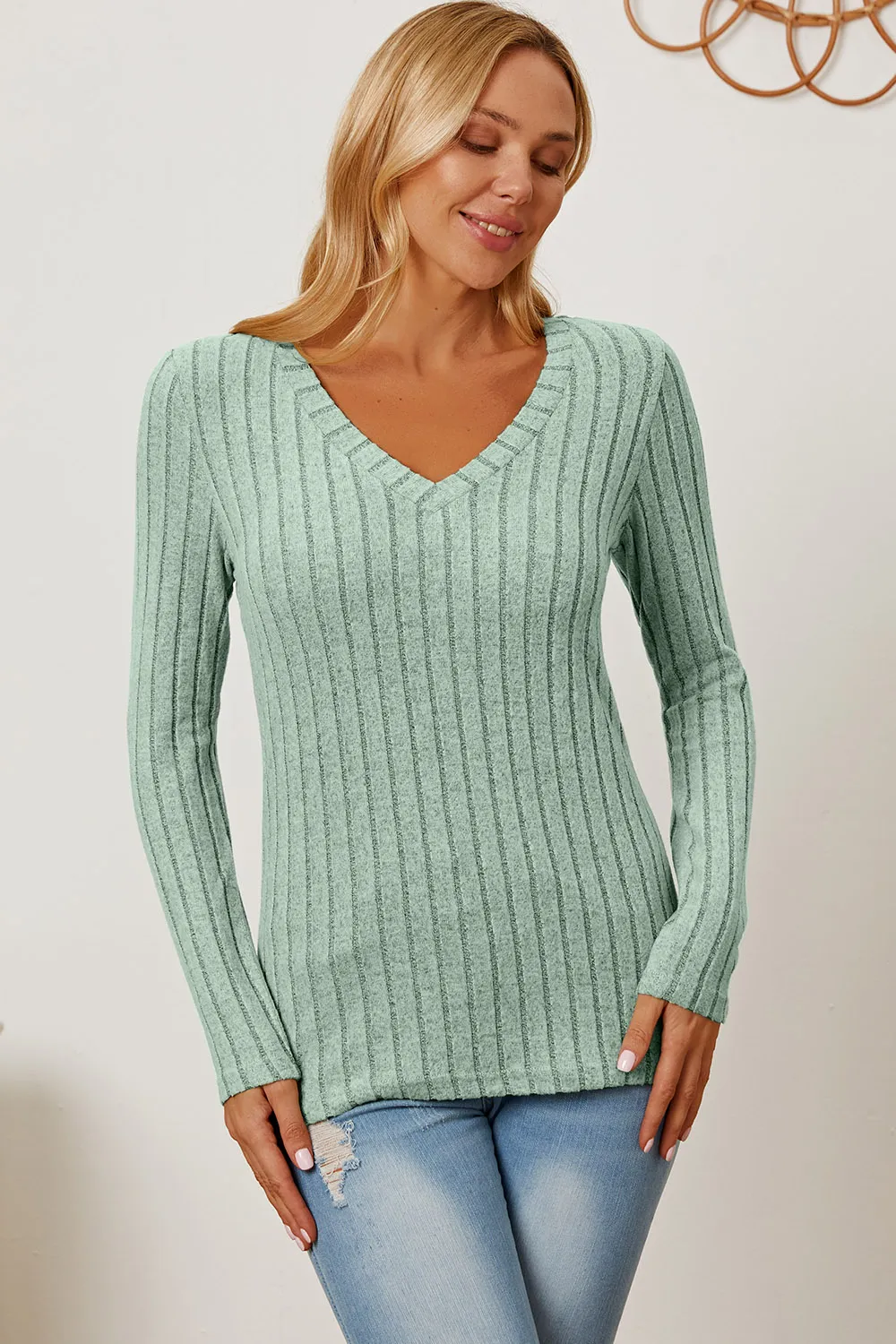 Full Size Ribbed V-Neck Long Sleeve T-Shirt, image 29