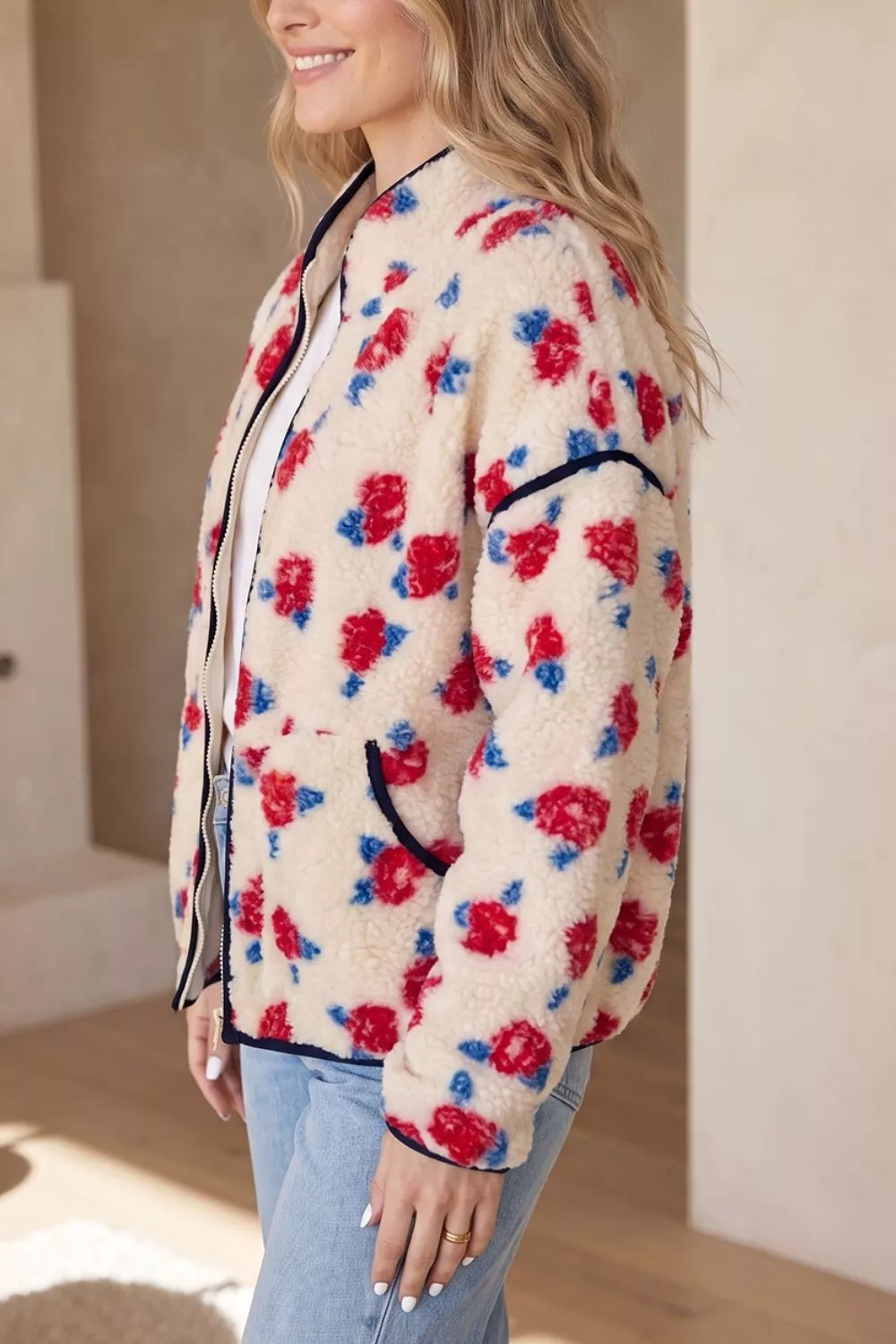 Floral Print Zipper Stand Neck Outerwear Fleece Coat, image 2
