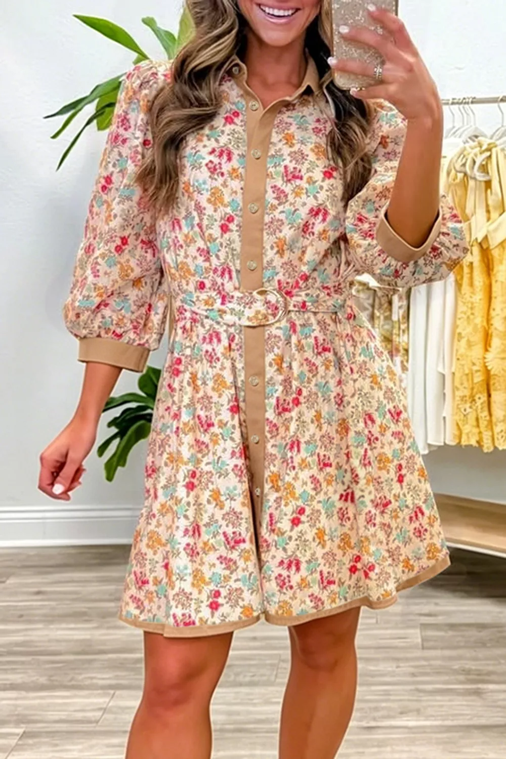 Floral Print Color Block Trim Button Down 3/4 Sleeve Belted Mini Dress, image 3