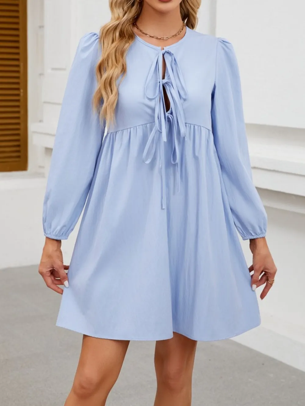 Tie Front Long Sleeve Mini Dress, image 4