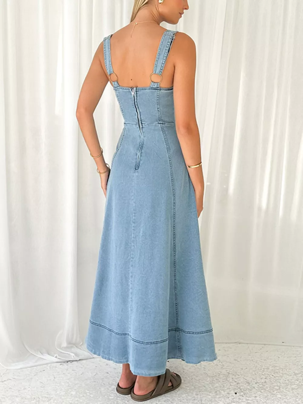 Decor Button Front A-Line Denim Dress, image 6