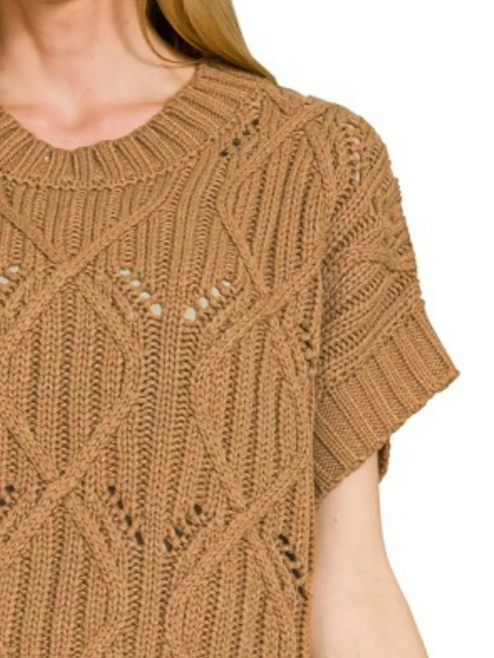 Cable Knit Short Sleeve Sweater, image 3