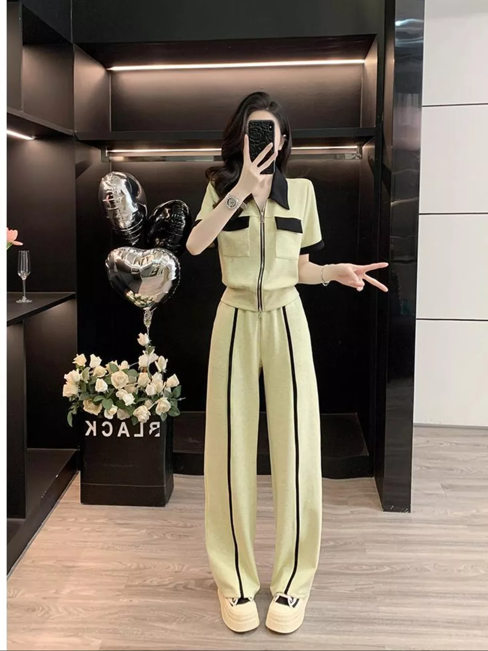 Contrast Zip Up Top and Wide-Leg Pants Set, image 2