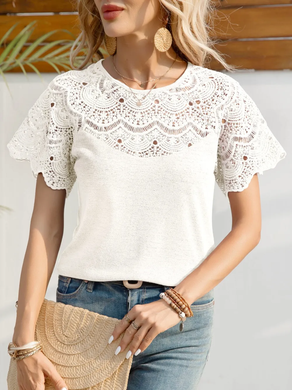 Round Neck Short Sleeve Crochet Top, image 8