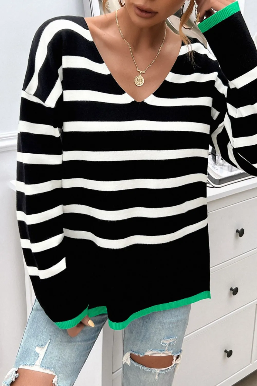 Striped V-Neck Long Sleeve Knit Top, image 18