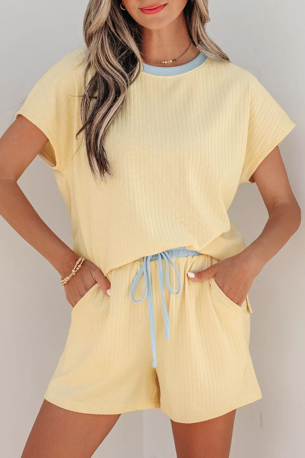 Soft Ribbed Color Block Trim Casual Short Set, image 2