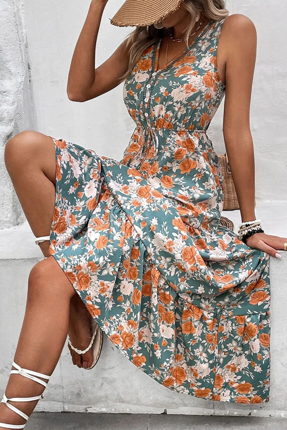 Floral Print Trimmed V Neck Tie Waist Sleeveless Dress, image 12