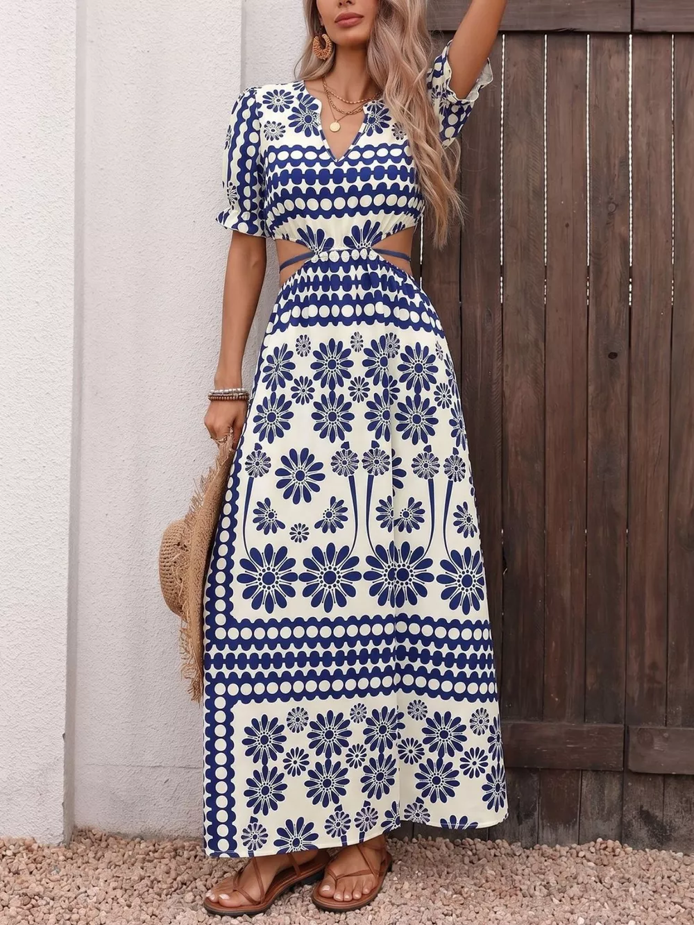 Floral Print Cutout Waist Maxi Dress, image 3