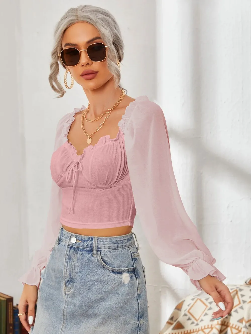 Mesh Sweetheart Neck Flounce Sleeve Top, image 15