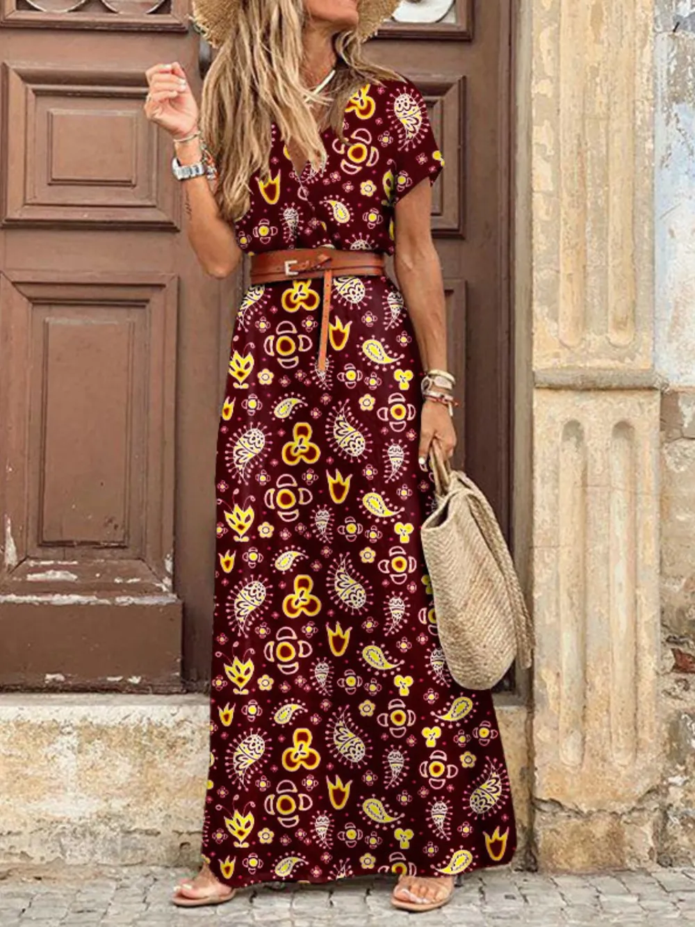 Full Size Printed V-Neck Short Sleeve Maxi Dress Plus Size, image 12