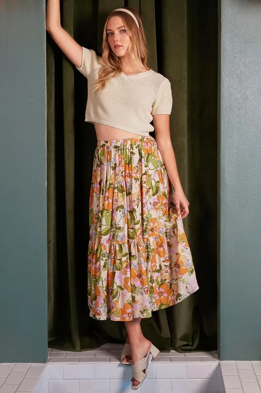 Flower Print Elastic Waist Tiered Skirt, image 6