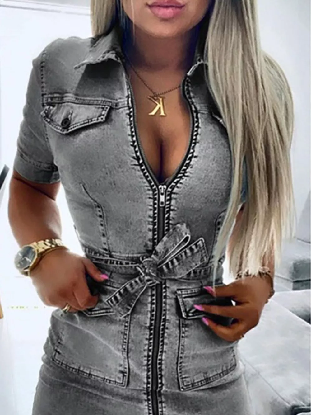 Zipper Front Short Sleeve Denim Dress, image 2