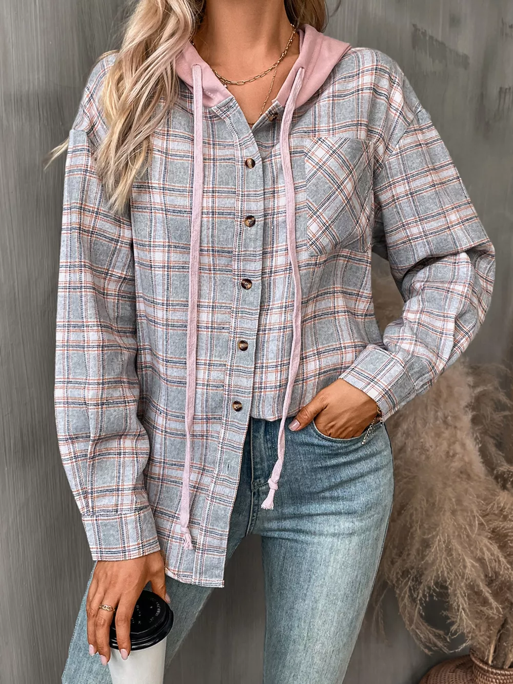 Plaid Button-Up Hooded Shirt with Chest Pocket, image 31