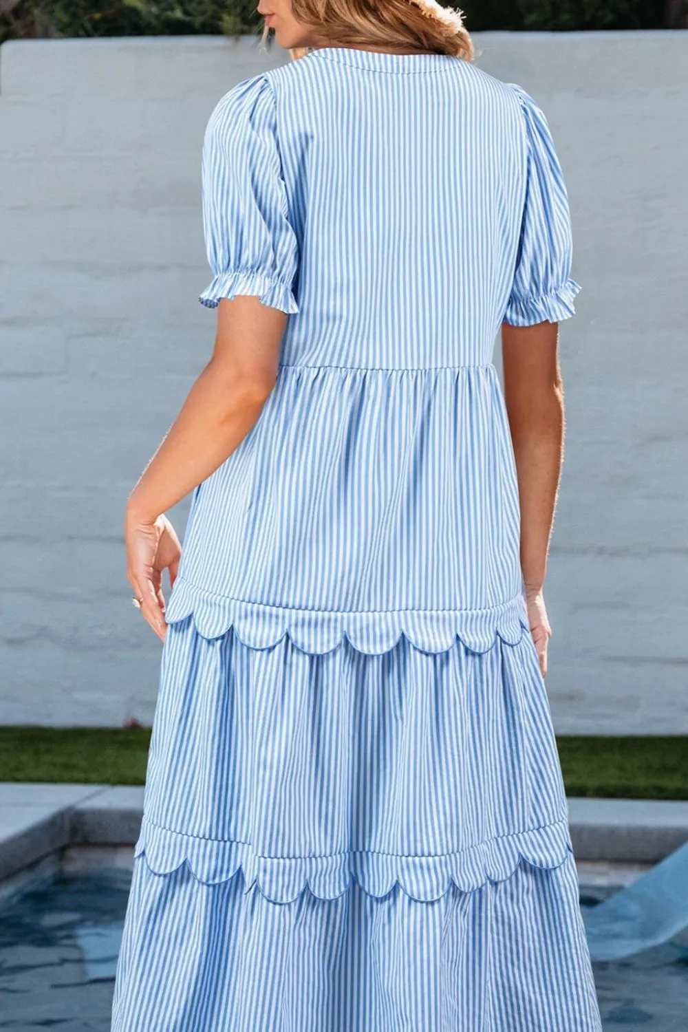 Stripe Bubble Short Sleeve Tiered Scallop Midi Dress, image 9