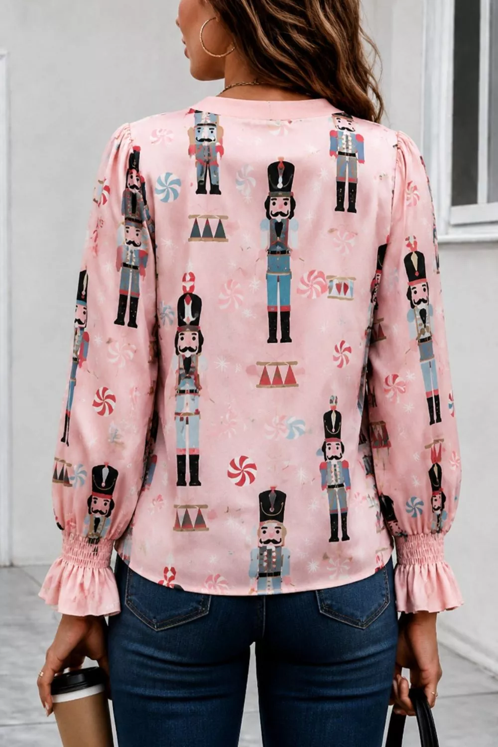 Nutcracker Print Notched Flounce Sleeve Blouse, image 2