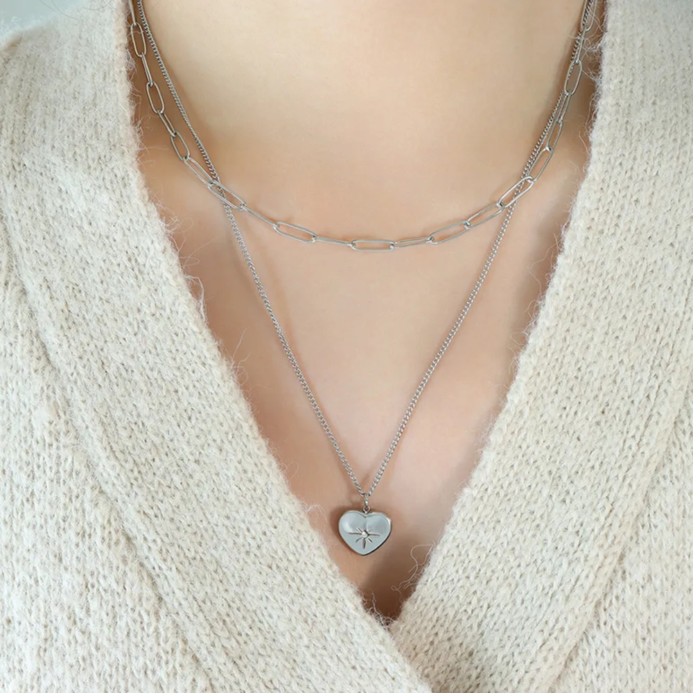 Inlaid Zircon Double Layered Heart Pendant Necklace, image 5