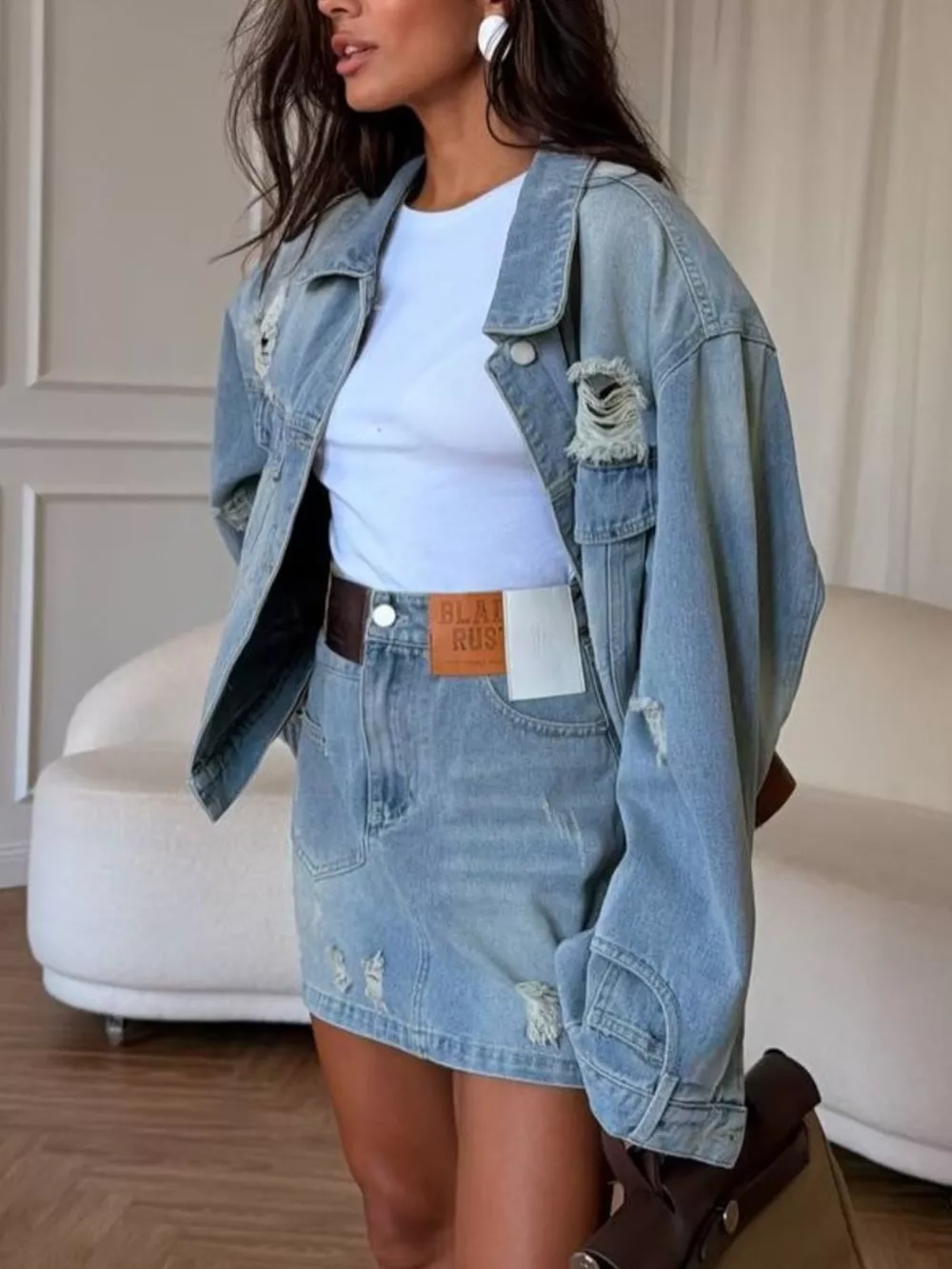 Distressed Denim Jacket and Mini Skirt Set, image 5