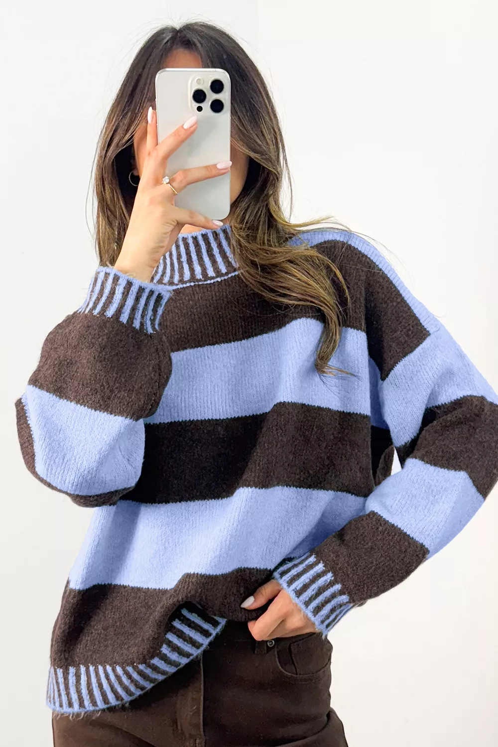 Striped Mock Neck Dropped Shoulder Sweater, image 2