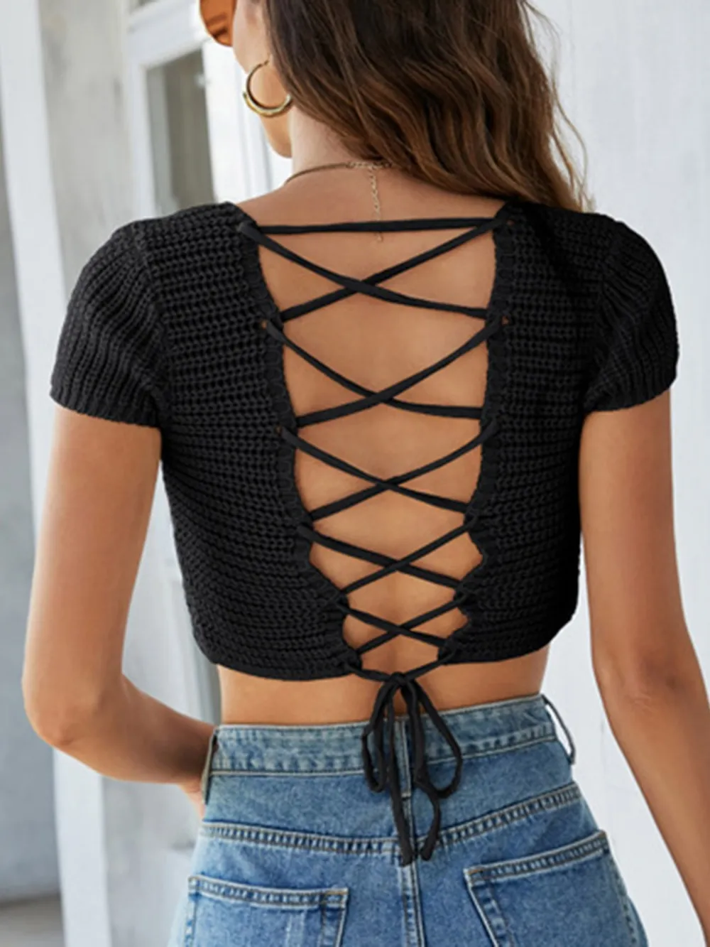 Lace-Up Openwork Square Neck Sweater, image 3