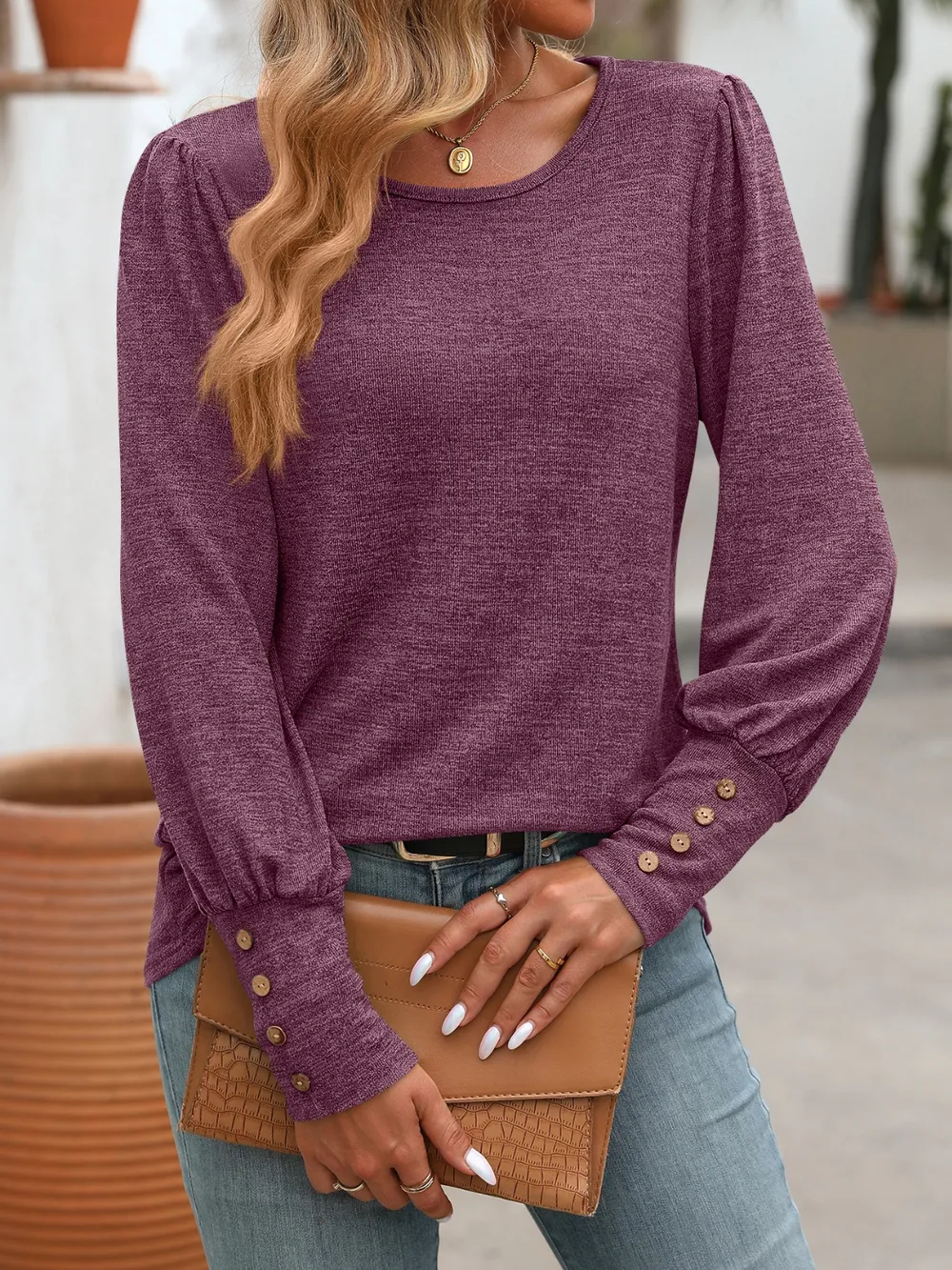 Decorative Button Round Neck Long Sleeve T-Shirt, image 25
